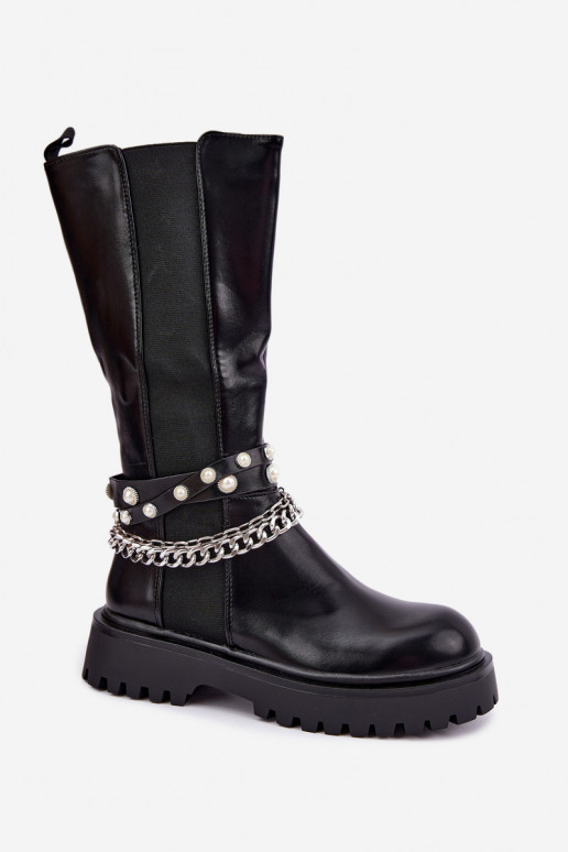Botas altas e quentes com plataforma e correntes em preto Doremi
