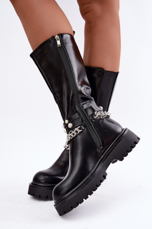 Botas altas e quentes com plataforma e correntes em preto Doremi