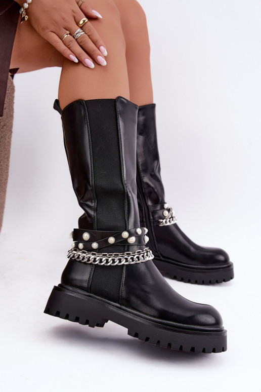 Botas altas e quentes com plataforma e correntes em preto Doremi