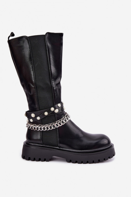 Botas altas e quentes com plataforma e correntes em preto Doremi