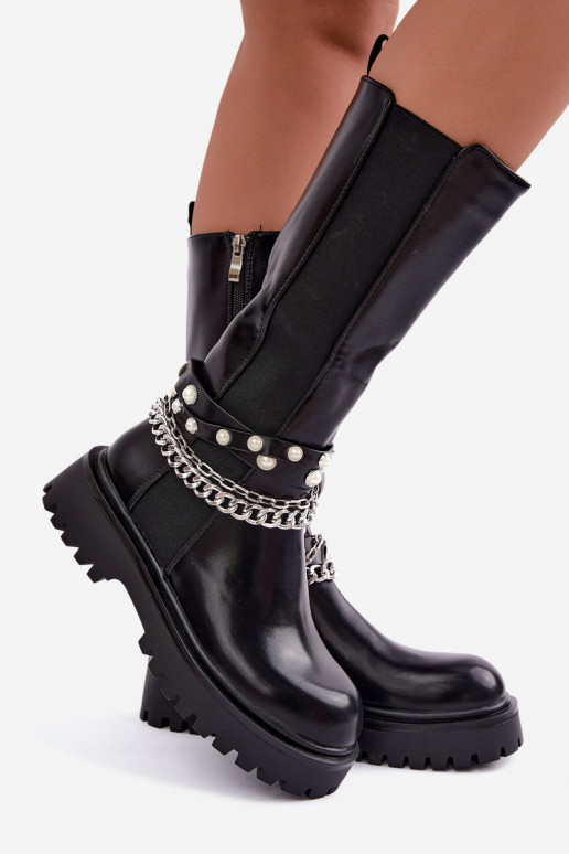 Botas altas e quentes com plataforma e correntes em preto Doremi