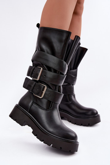 Botas altas e quentes com plataforma e fivelas em preto Palomae
