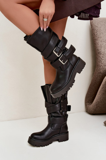 Botas altas e quentes com plataforma e fivelas em preto Palomae 2