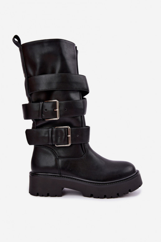 Botas altas e quentes com plataforma e fivelas em preto Palomae