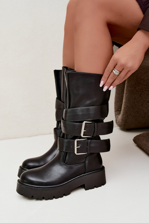 Botas altas e quentes com plataforma e fivelas em preto Palomae