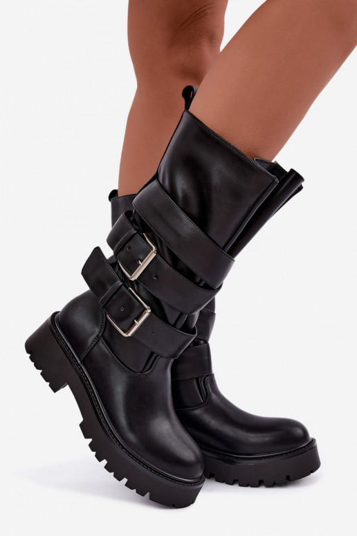 Botas altas e quentes com plataforma e fivelas em preto Palomae
