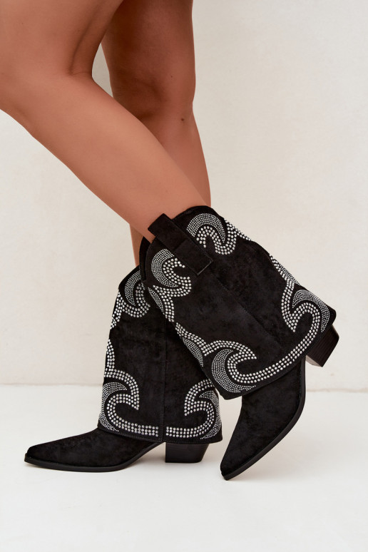 Botins decorados ao estilo cowboy com saltos em preto Irvena