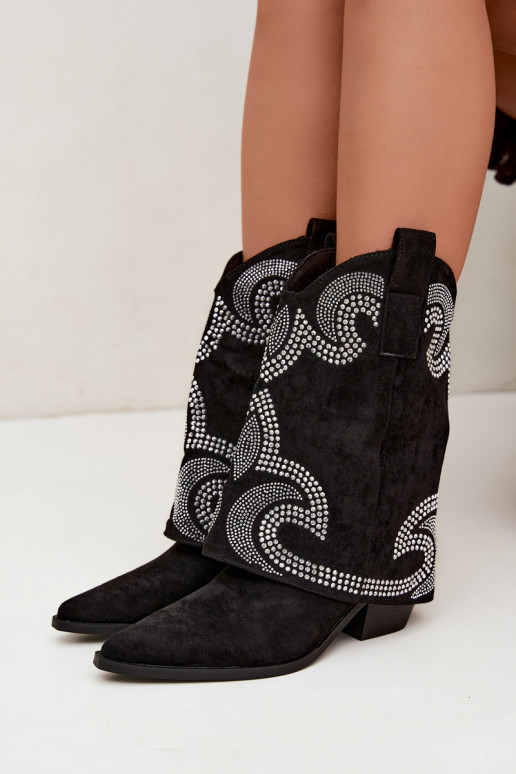Botins decorados ao estilo cowboy com saltos em preto Irvena