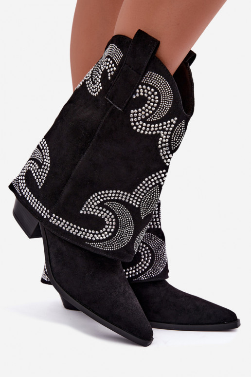 Botins decorados ao estilo cowboy com saltos em preto Irvena