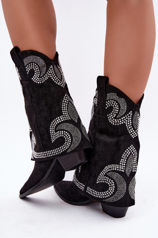 Botins decorados ao estilo cowboy com saltos em preto Irvena