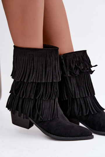 Botins de estilo cowboy com franjas e saltos em preto Lunia