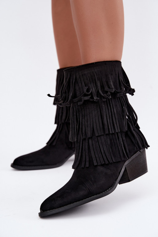 Botins de estilo cowboy com franjas e saltos em preto Lunia