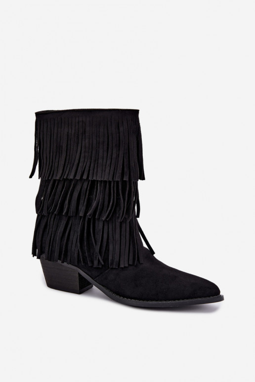 Botins de estilo cowboy com franjas e saltos em preto Lunia