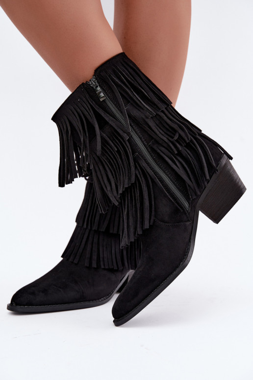 Botins de estilo cowboy com franjas e saltos em preto Lunia