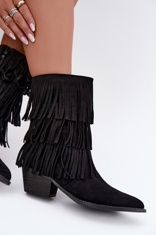 Botins de estilo cowboy com franjas e saltos em preto Lunia