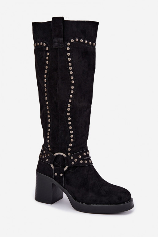 Botas altas e quentes com saltos e decoração em preto Bellune