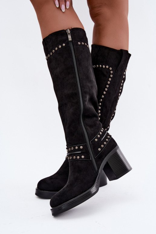 Botas altas e quentes com saltos e decoração em preto Bellune
