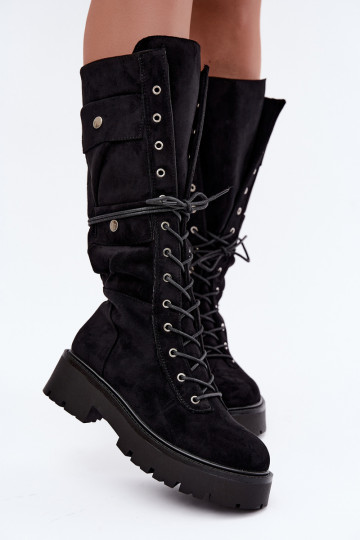 Botas altas e quentes com plataforma e cadarços em preto Cressida