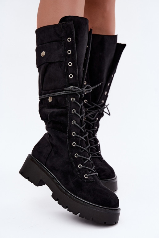 Botas altas e quentes com plataforma e cadarços em preto Cressida