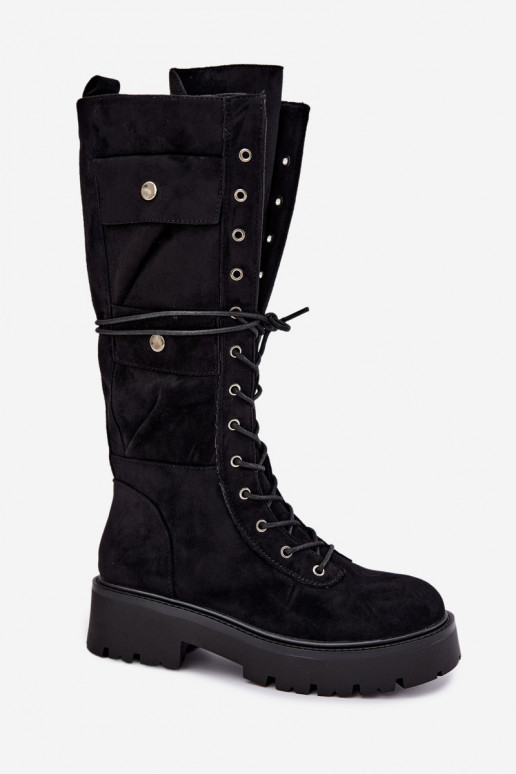 Botas altas e quentes com plataforma e cadarços em preto Cressida