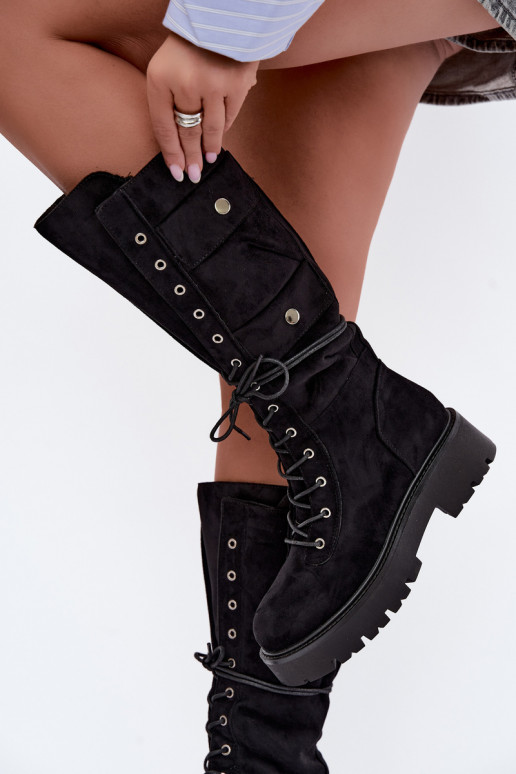 Botas altas e quentes com plataforma e cadarços em preto Cressida