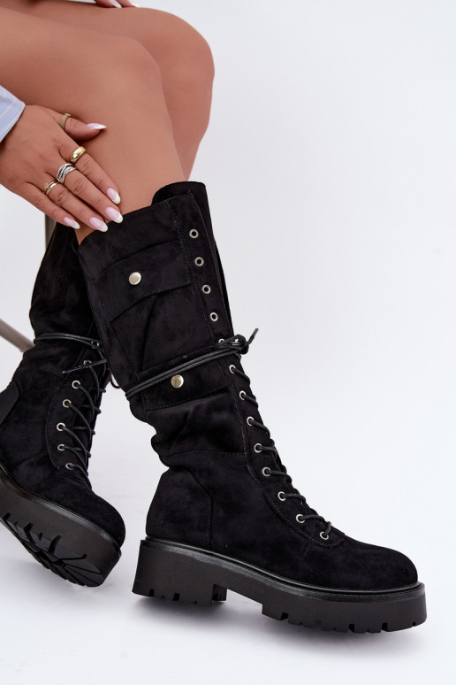 Botas altas e quentes com plataforma e cadarços em preto Cressida