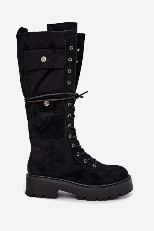 Botas altas e quentes com plataforma e cadarços em preto Cressida