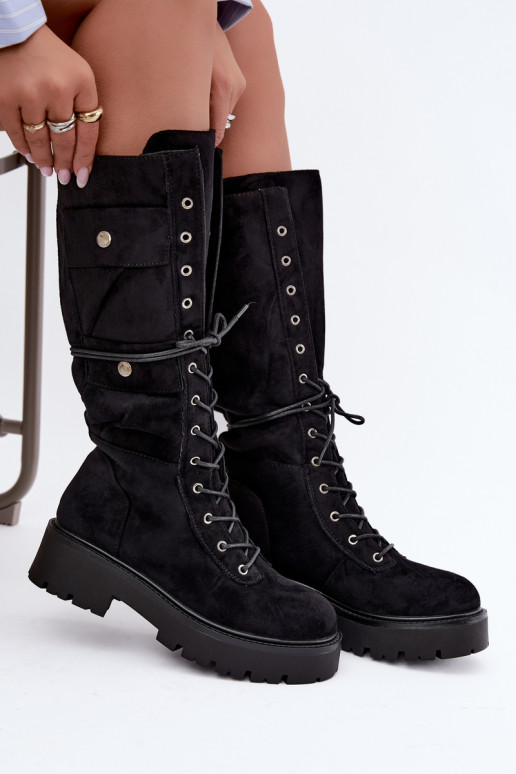 Botas altas e quentes com plataforma e cadarços em preto Cressida