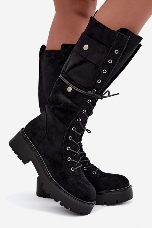 Botas altas e quentes com plataforma e cadarços em preto Cressida