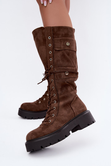Botas altas e quentes com plataforma e cadarços em marrom Cressida 2