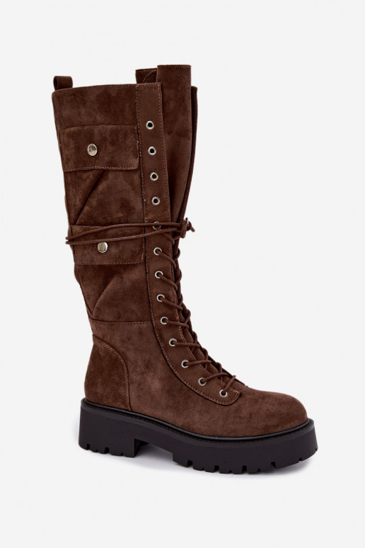 Botas altas e quentes com plataforma e cadarços em marrom Cressida
