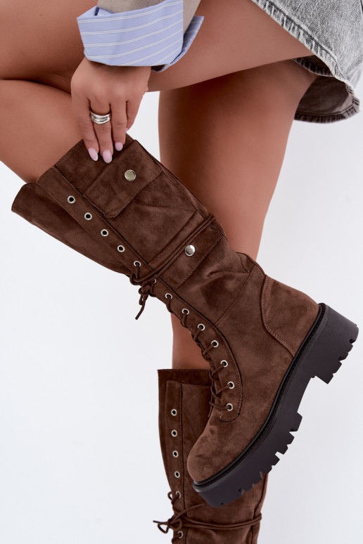 Botas altas e quentes com plataforma e cadarços em marrom Cressida