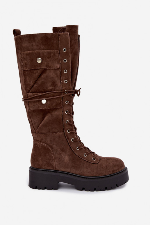 Botas altas e quentes com plataforma e cadarços em marrom Cressida
