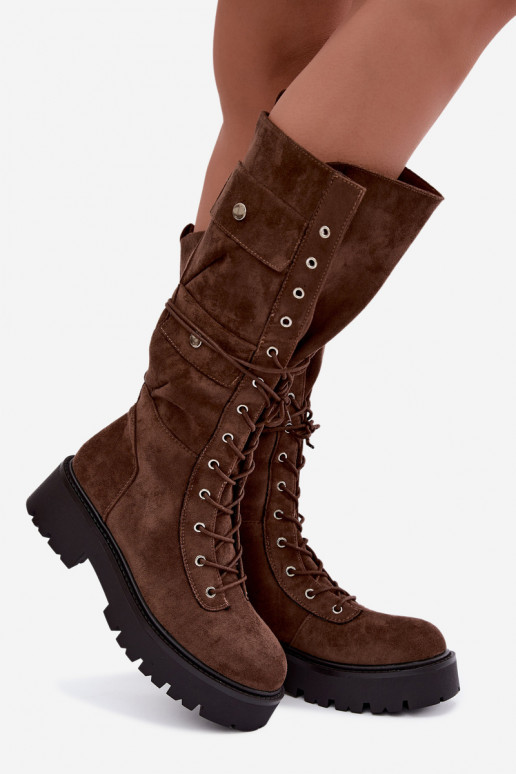 Botas altas e quentes com plataforma e cadarços em marrom Cressida