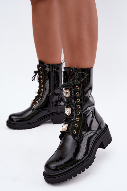 Botins femininos quentes com efeito envernizado na cor preta Corisande