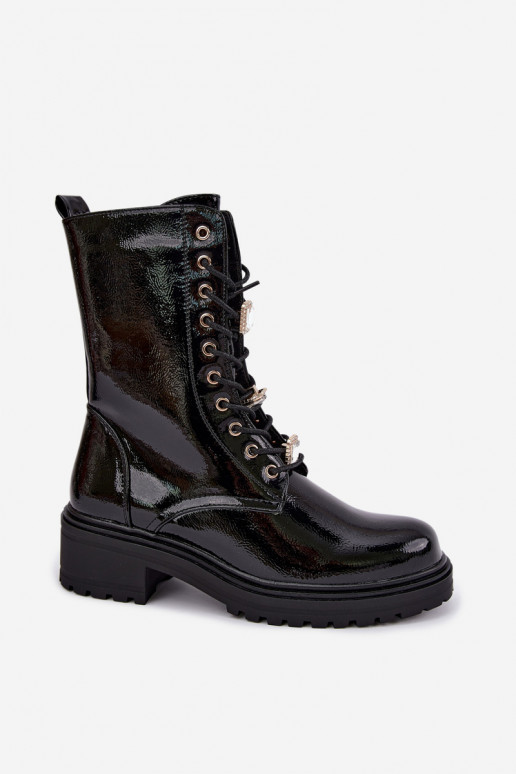 Botins femininos quentes com efeito envernizado na cor preta Corisande