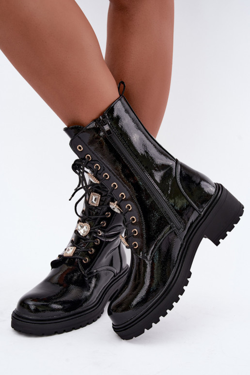 Botins femininos quentes com efeito envernizado na cor preta Corisande