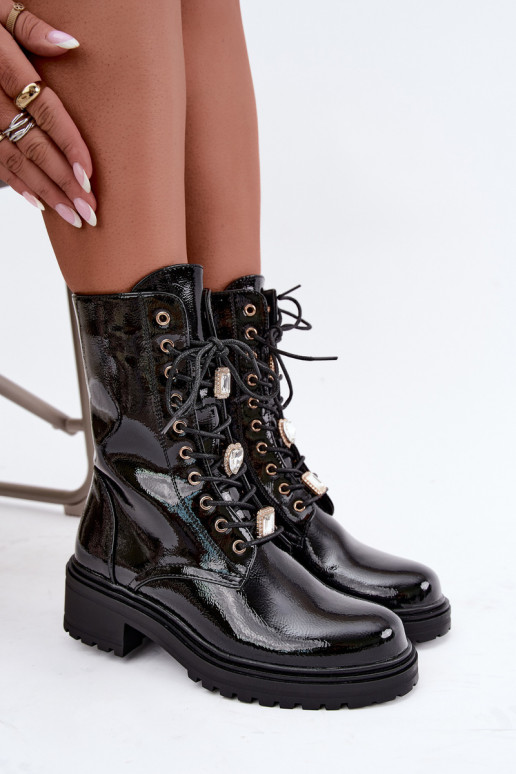 Botins femininos quentes com efeito envernizado na cor preta Corisande