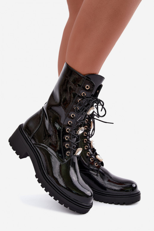Botins femininos quentes com efeito envernizado na cor preta Corisande