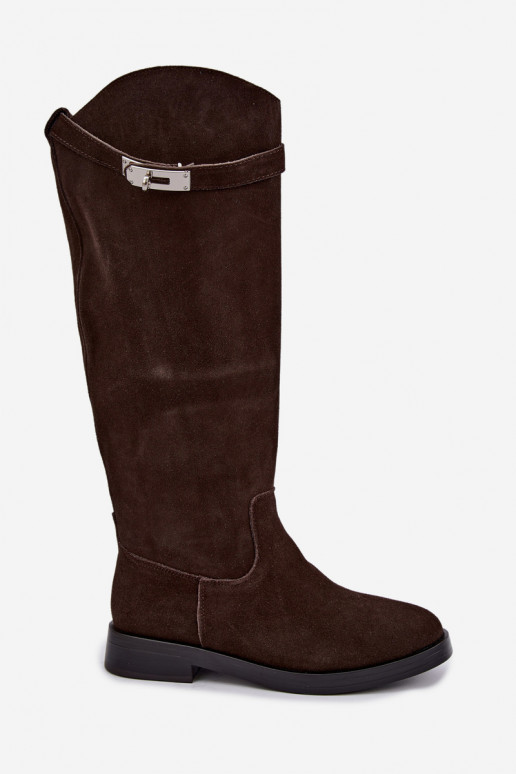 Botas acima do joelho em camurça na cor chocolate com tiras decorativas Clarimond