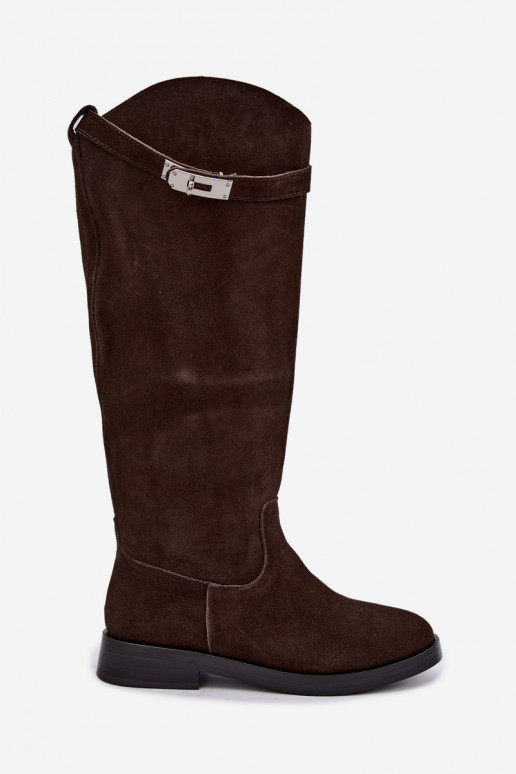 Botas acima do joelho em camurça na cor chocolate com tiras decorativas Clarimond