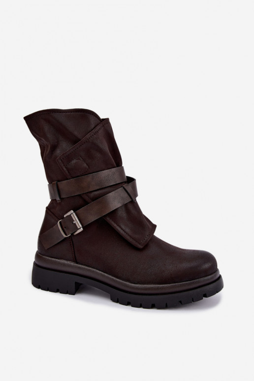 Botins femininos de chocolate com tiras e fivelas Dianelle