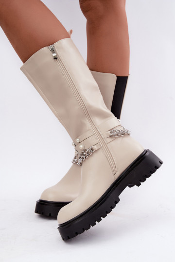 botas altas forradas com plataforma e correntes na cor areia Doremi