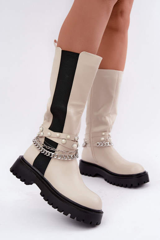 botas altas forradas com plataforma e correntes na cor areia Doremi