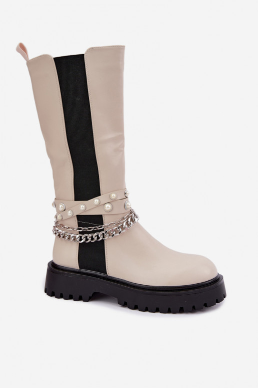 botas altas forradas com plataforma e correntes na cor areia Doremi
