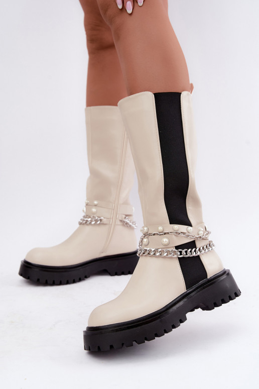 botas altas forradas com plataforma e correntes na cor areia Doremi