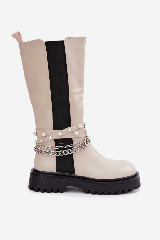botas altas forradas com plataforma e correntes na cor areia Doremi