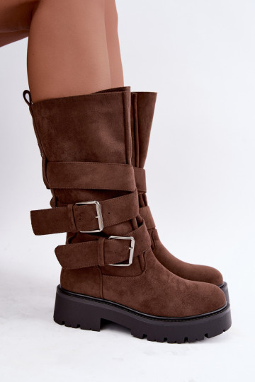 botas altas forradas com plataforma e fivelas na cor castanha Palomae