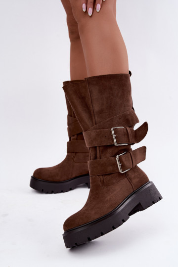 botas altas forradas com plataforma e fivelas na cor castanha Palomae 2