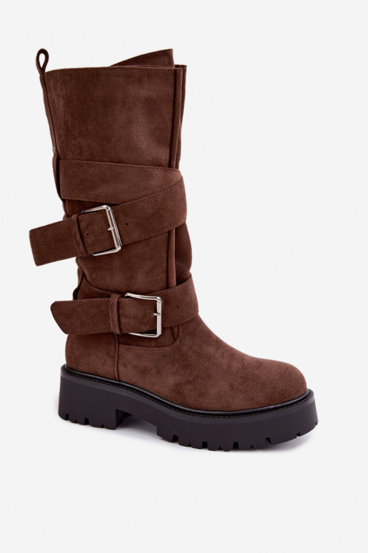 botas altas forradas com plataforma e fivelas na cor castanha Palomae